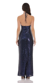 Sequin Florette Halter Maxi Dress in Navy